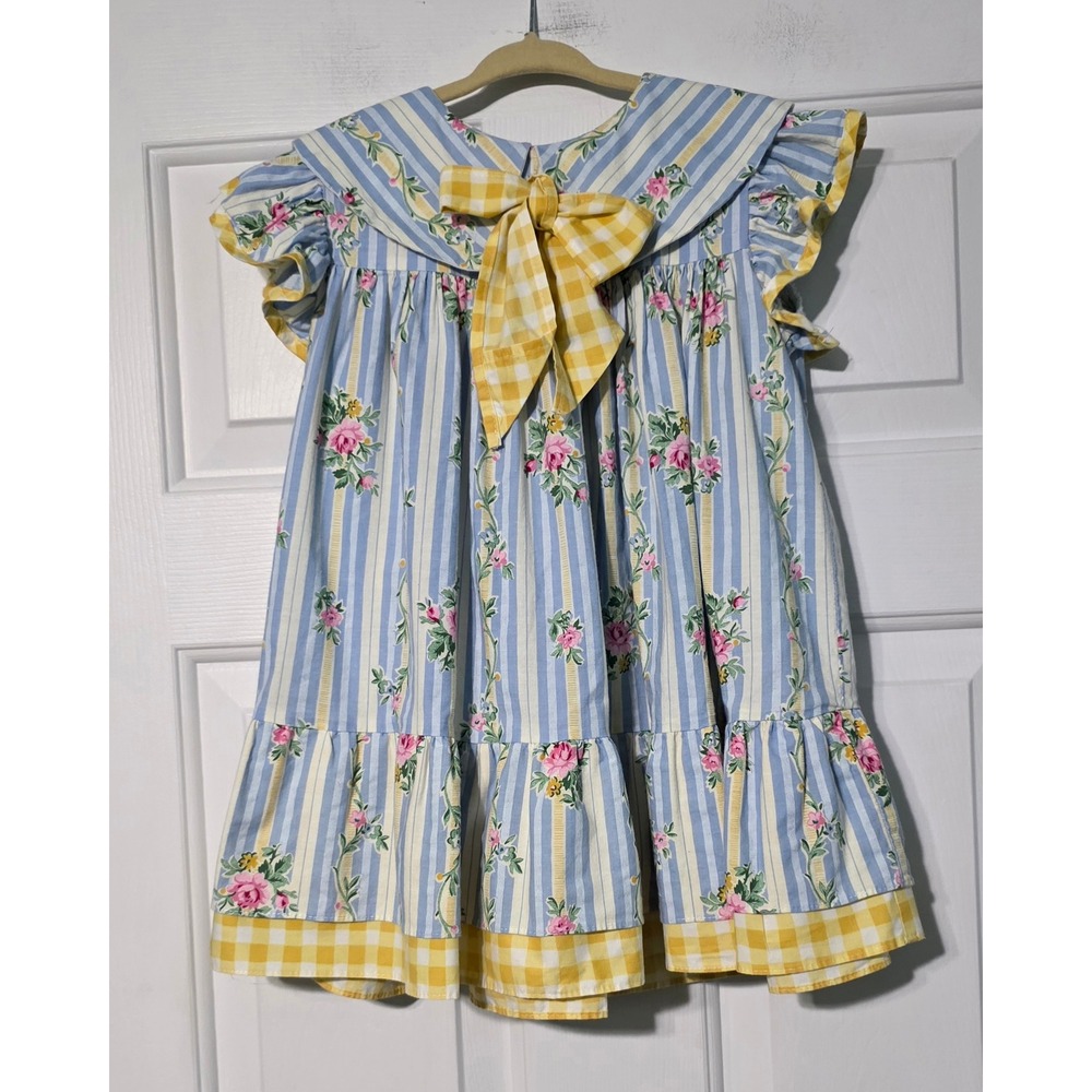 Vintage Oli Ola Girls Floral Stripe Gingham Dress Blue Yellow Cotton Size 5